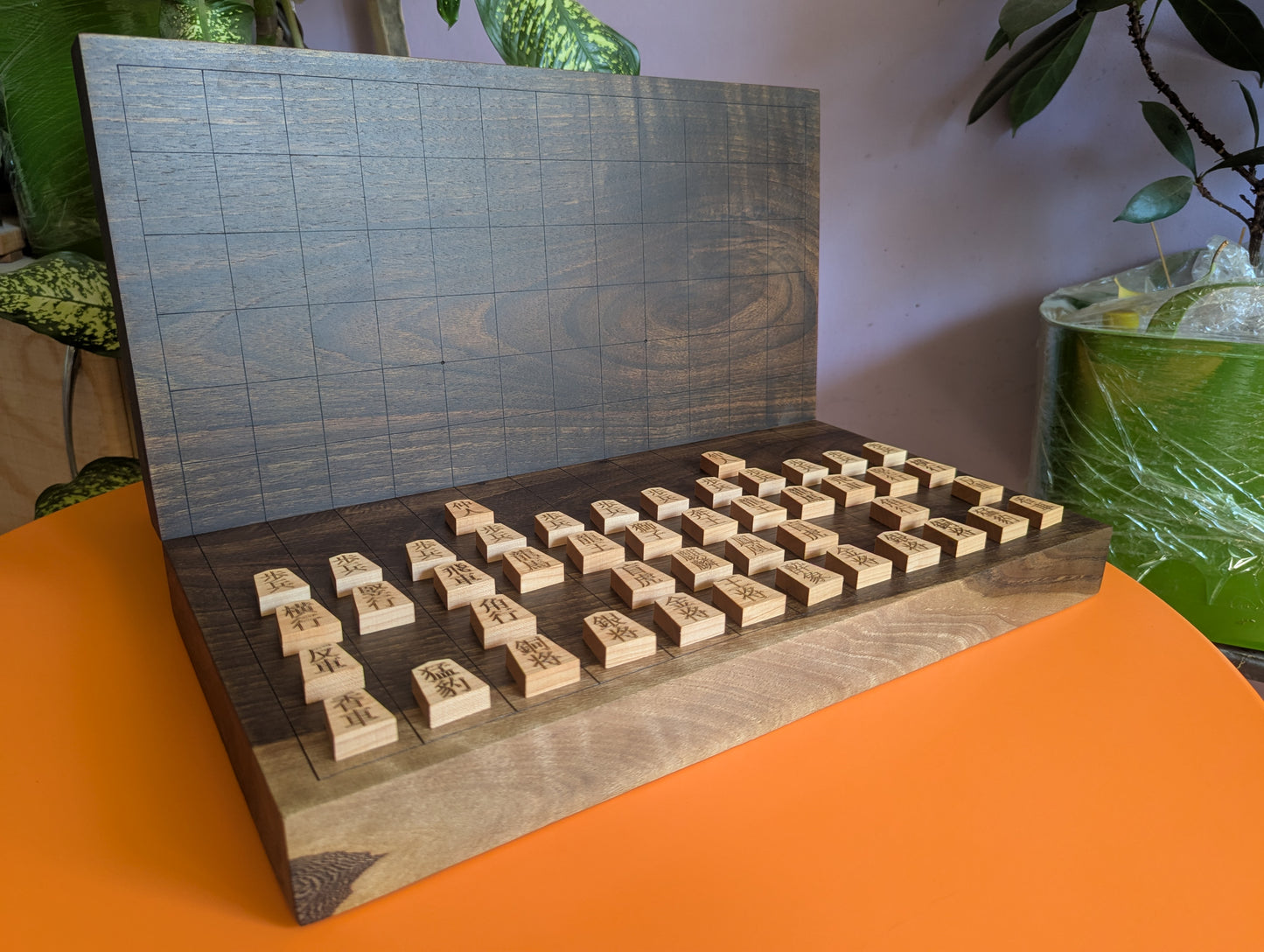 Chu Shogi game set. Foldable Handmade solid walnut Middle Shogi with thick maple pieces. Traditional Japanese games.