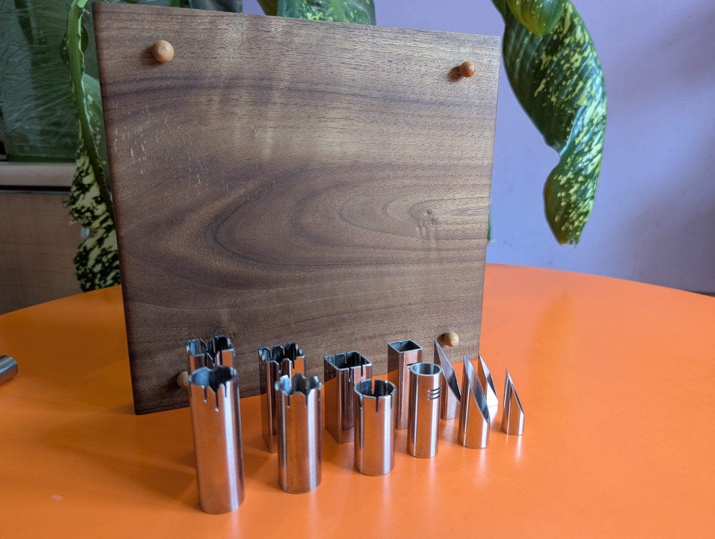 Stainless Steel Chess Set with one-color solid walnut Chessboard. Handmade