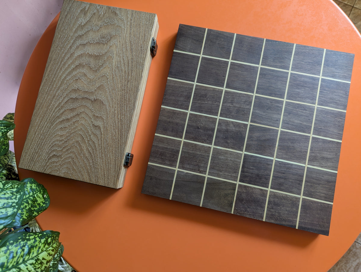 Foldable wooden Tak game set. 14" Walnut wood board
