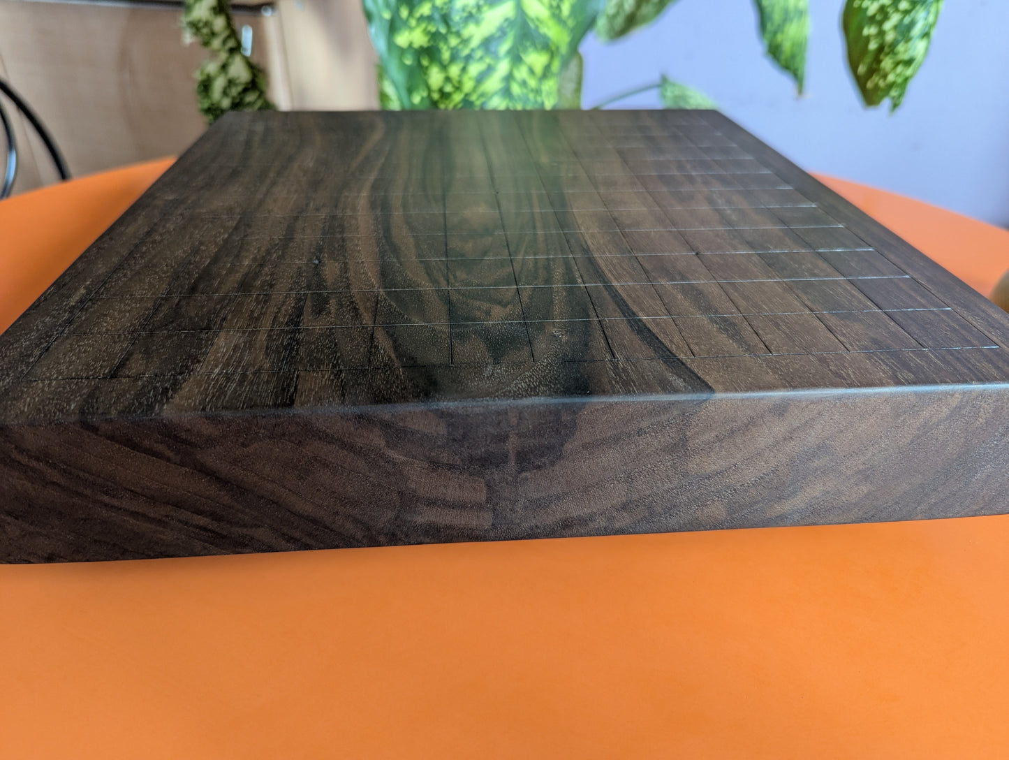 13x13 solid Walnut game Go board. Hand carved lines