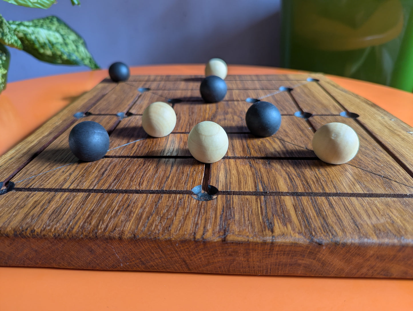 Handmade Twelve/Nine men's Morris game set. Solid oak wood board with live egde.