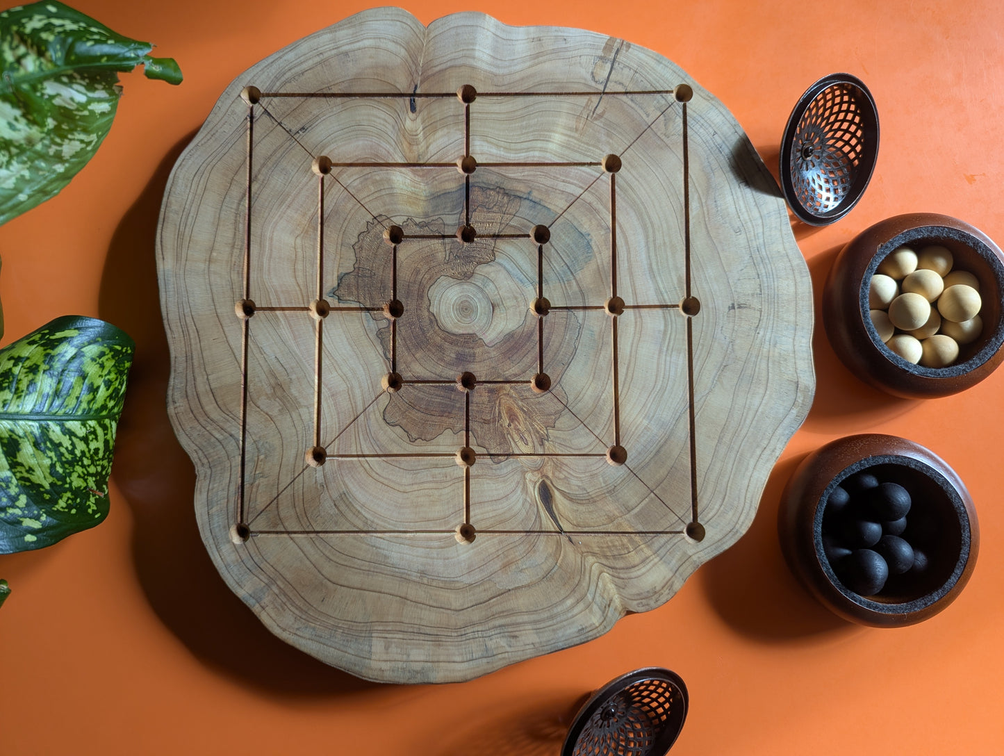 Handmade Twelve/Nine men's Morris game set. Circle Juniper wood board with live egde.