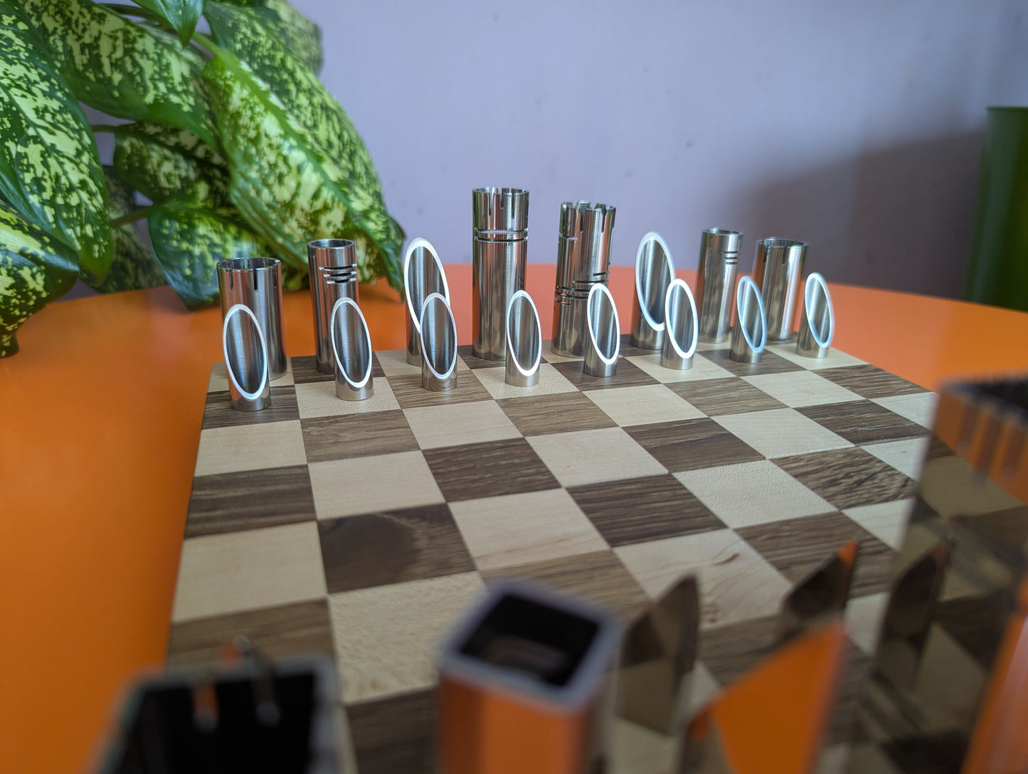 Compact Foldable Stainless Steel Chess Set with Wooden Chessboard/box. Handmade.