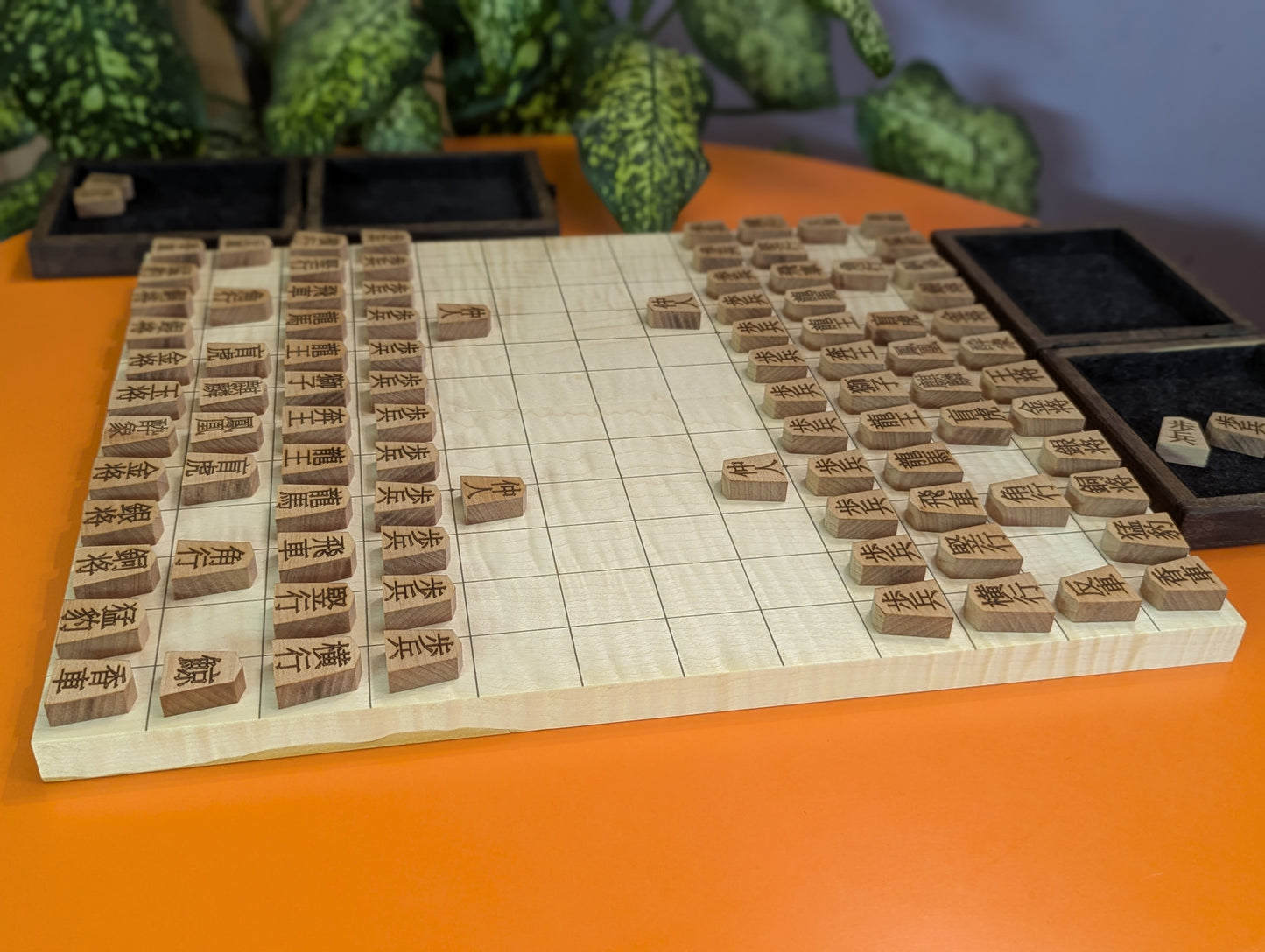 Foldable Chu Shogi game set. Handmade borderless solid Maple Middle Shogi