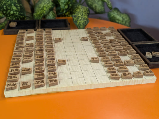 Foldable Chu Shogi game set. Handmade borderless solid Maple Middle Shogi