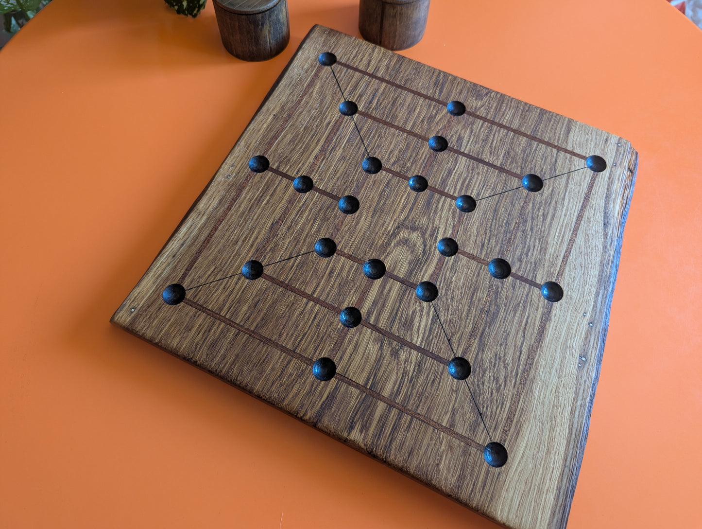 Handmade Twelve/Nine men's Morris game set. Solid oak wood board with live egde.