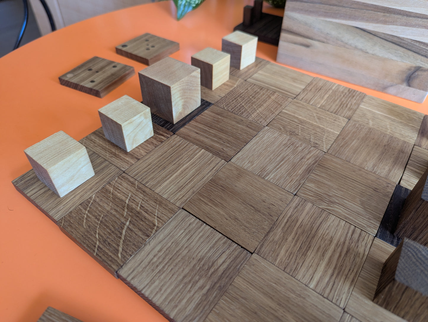 Cubic Onitama wooden game set. Hardwood wood tiles. Martial arts game.