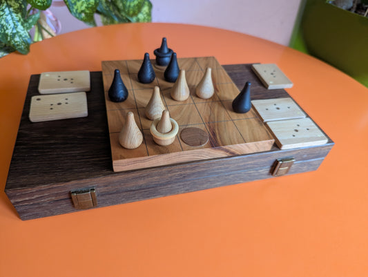 Compact wooden Onitama game set. Hardwood wood tiles. Martial arts game.