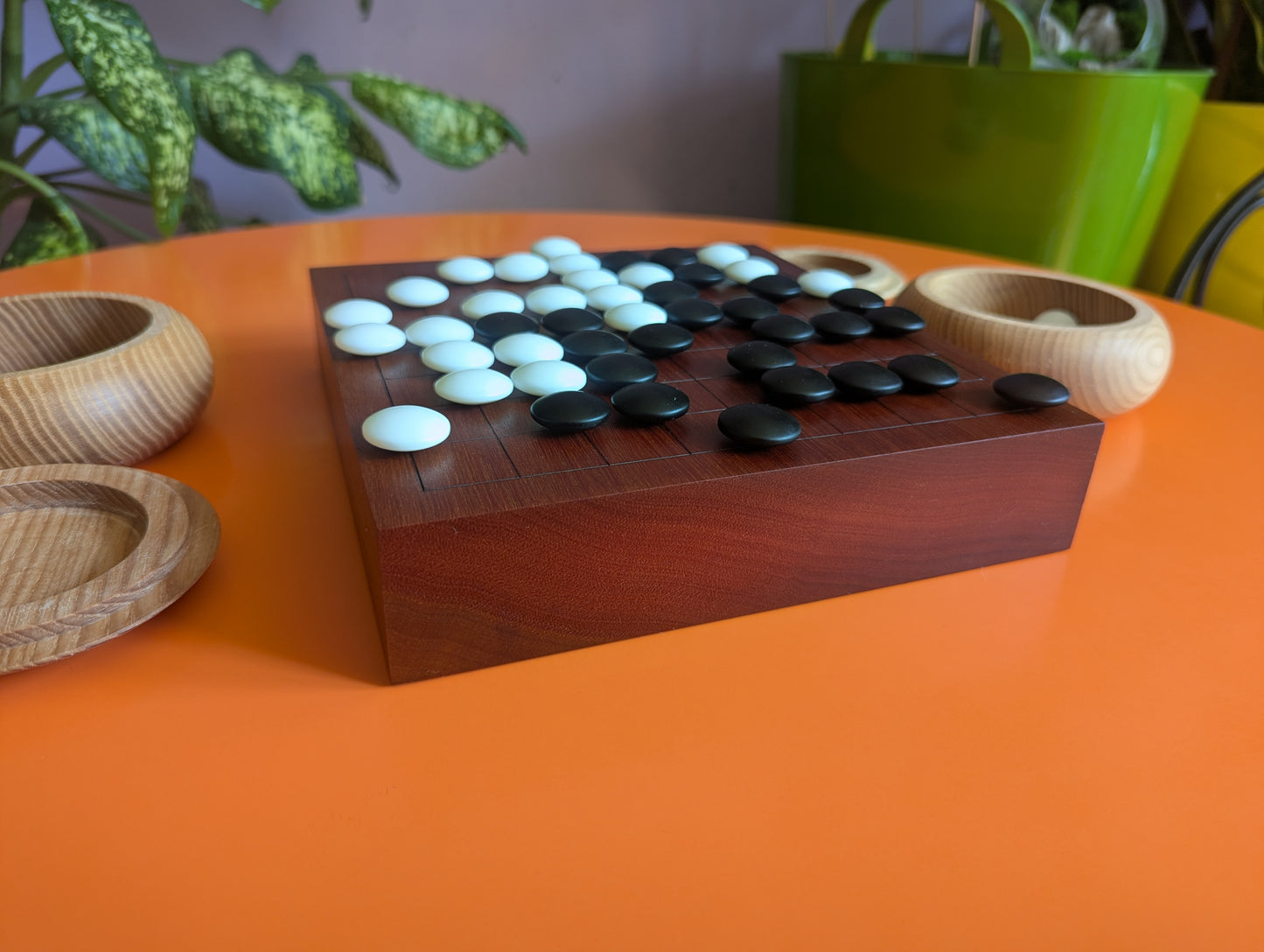 Redwood 9x9 game Go set. Hand carved solid wood Goban.