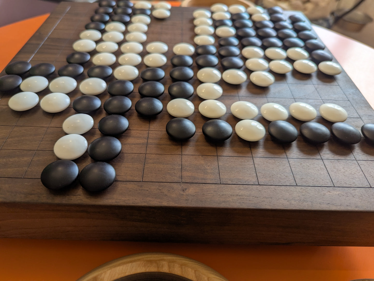 13x13 solid Walnut game Go board. Hand carved lines