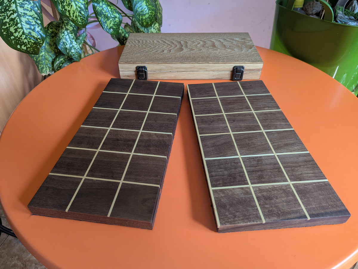 Foldable wooden Tak game set. 14" Walnut wood board