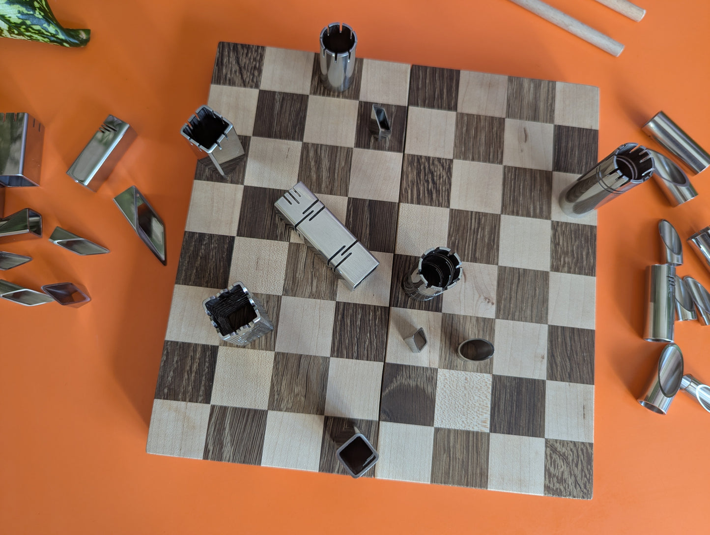Compact Foldable Stainless Steel Chess Set with Wooden Chessboard/box. Handmade.