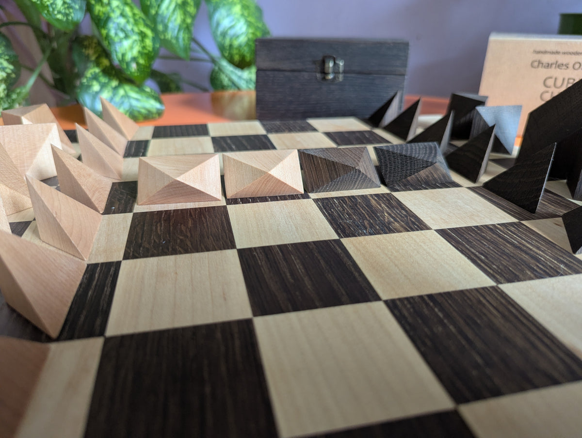 Cubic Chess Set by Charles O. Perry. Handmade wooden reproduction