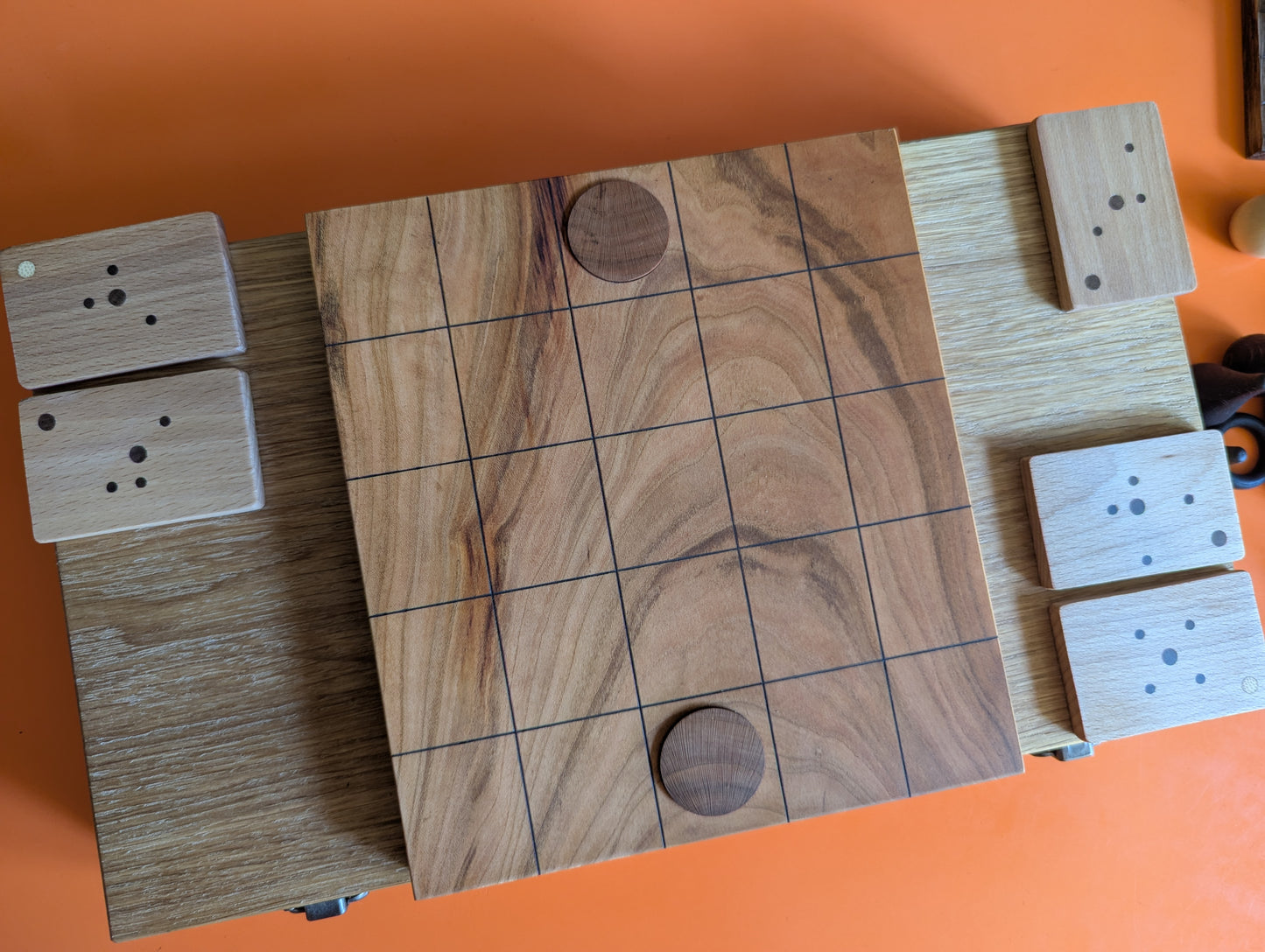 Compact wooden Onitama game set. Hardwood wood tiles. Martial arts game.