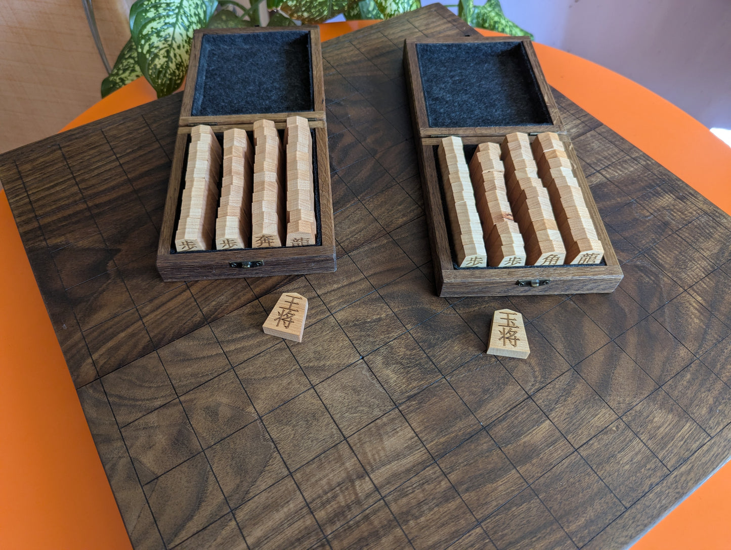 Chu Shogi game set. Foldable Handmade solid walnut Middle Shogi with thick maple pieces. Traditional Japanese games.