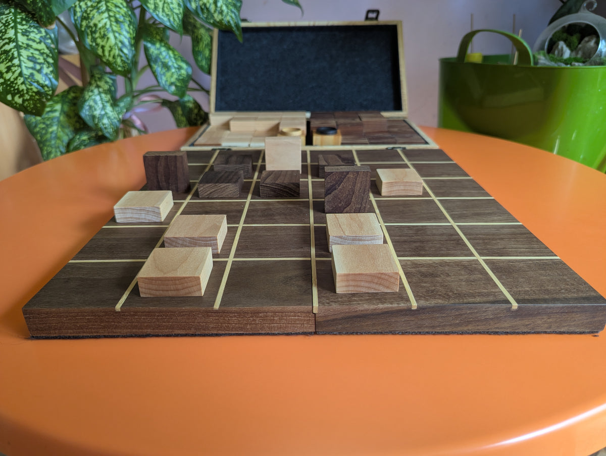 Foldable wooden Tak game set. 14" Walnut wood board