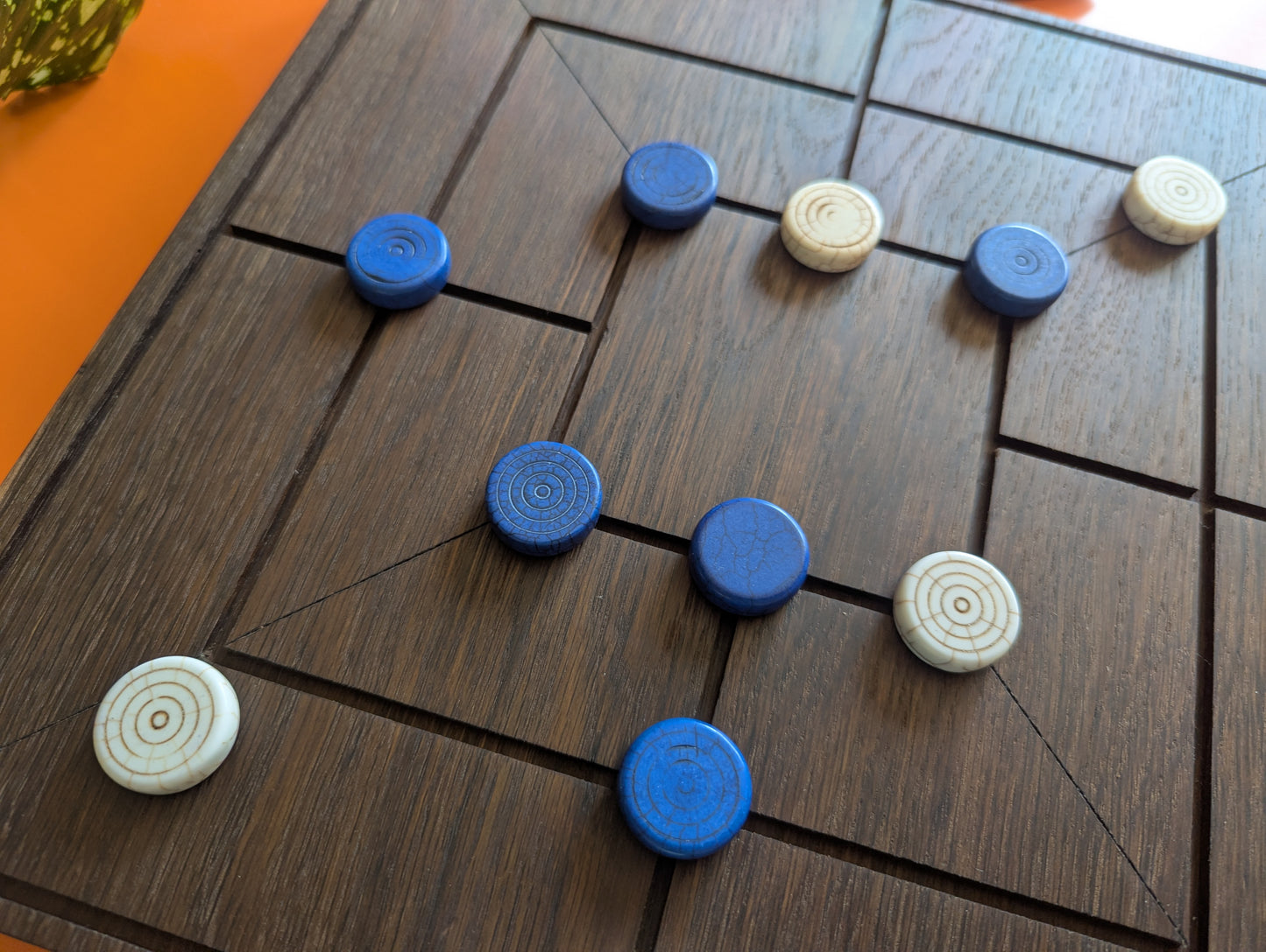Handmade Twelve/Nine men's Morris game set. 13.5" Solid bog oak wood board