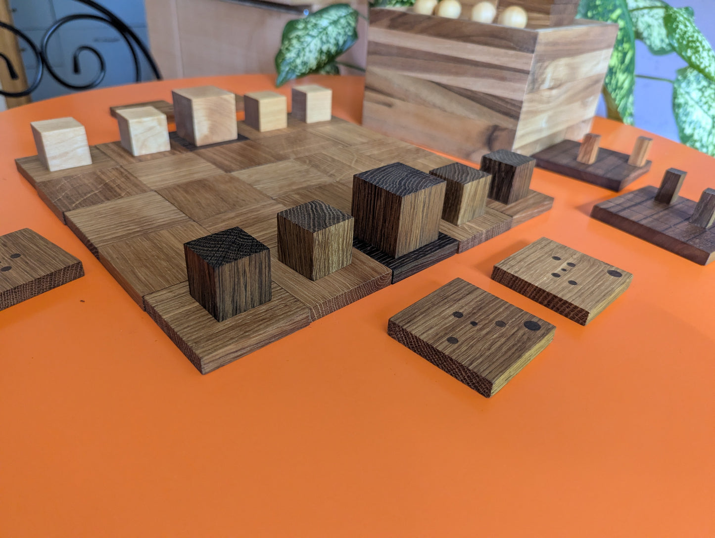 Cubic Onitama wooden game set. Hardwood wood tiles. Martial arts game.