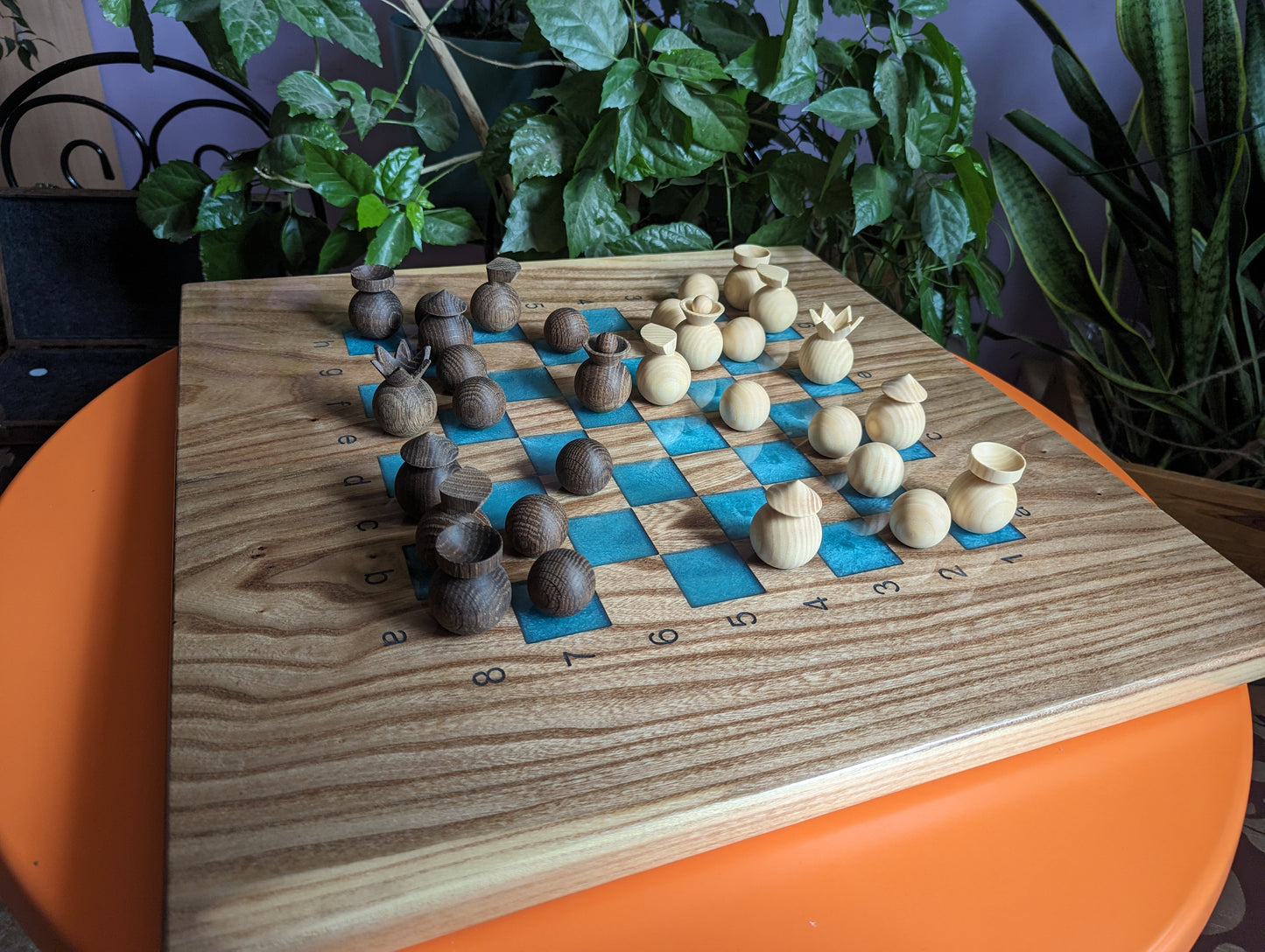 Handmade 23" chess table with notations. Wood and epoxy.
