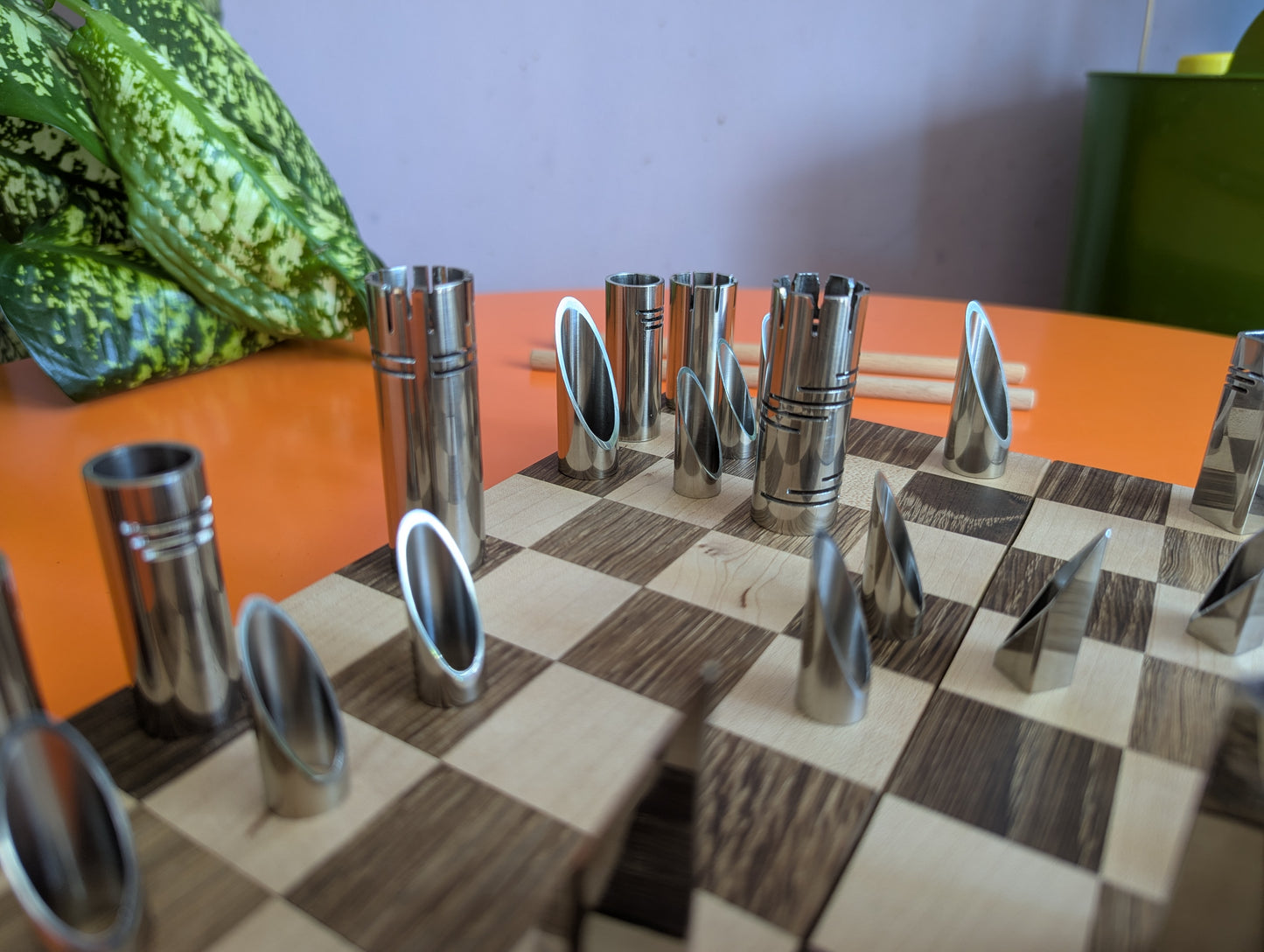 Compact Foldable Stainless Steel Chess Set with Wooden Chessboard/box. Handmade.