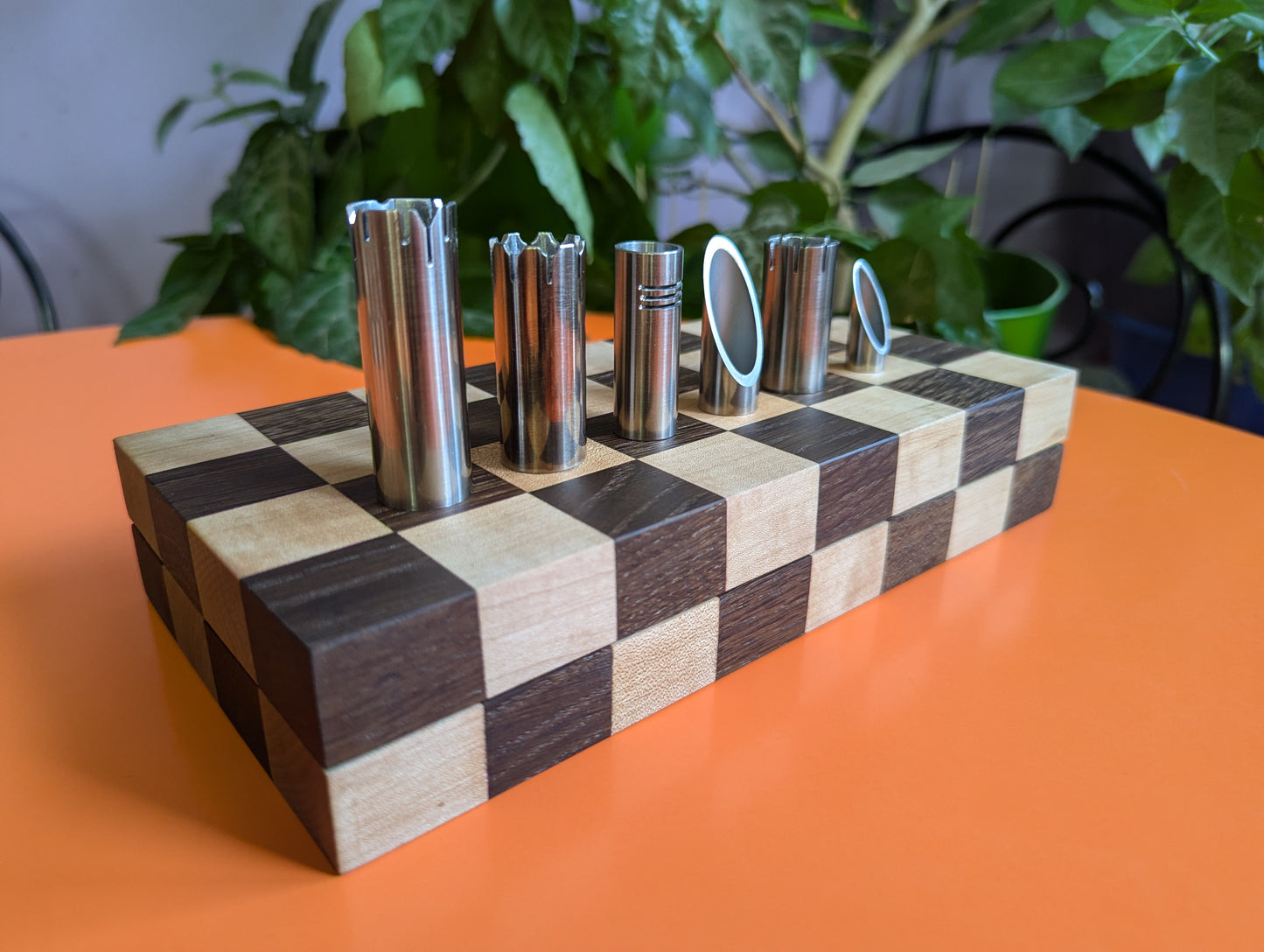 Small Foldable Stainless Steel Chess Set with Wooden Chessboard/box. Handmade.