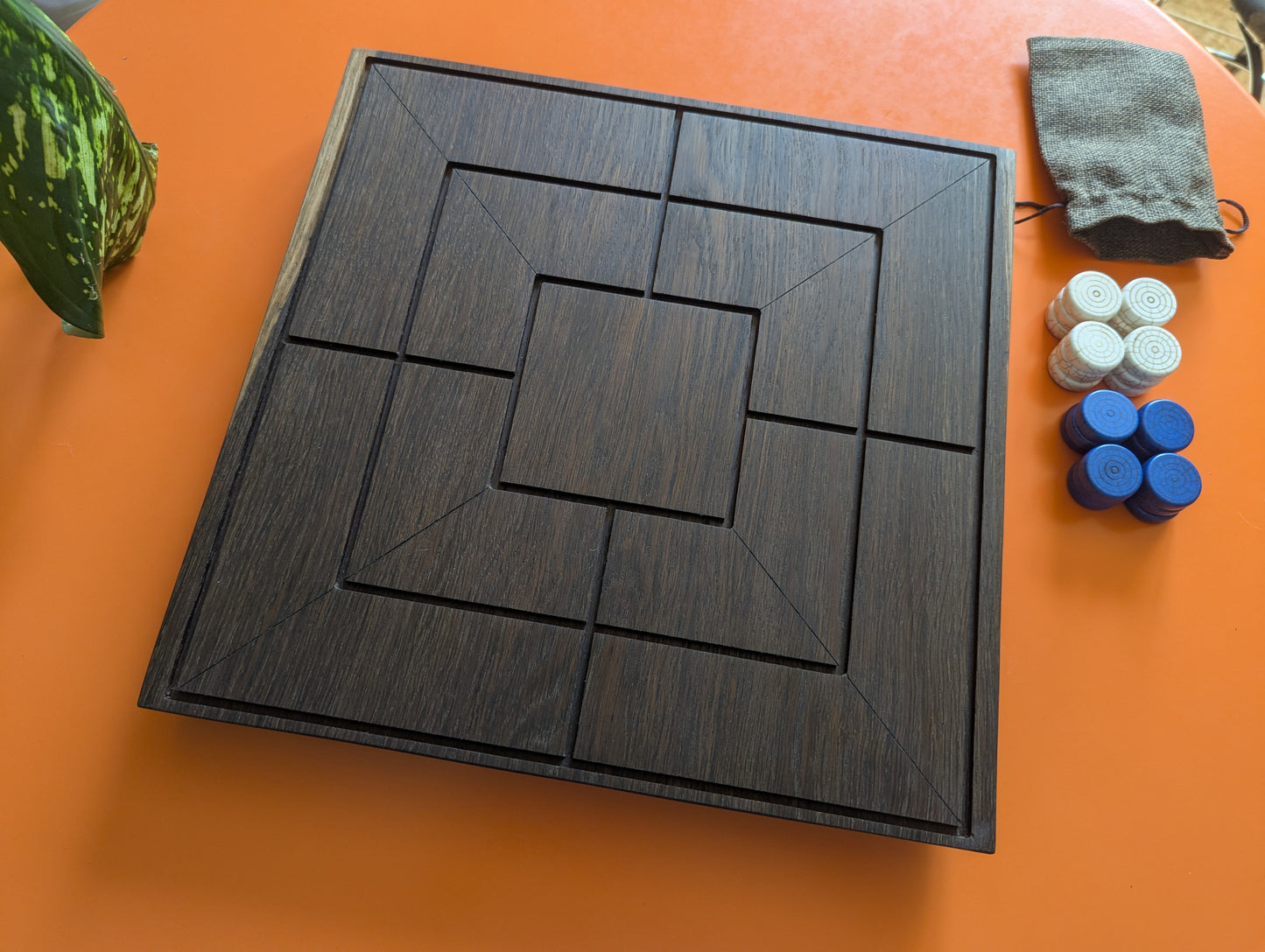 Handmade Twelve/Nine men's Morris game set. 13.5" Solid bog oak wood board