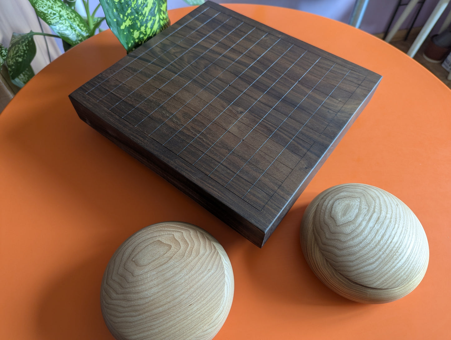 13x13 solid Walnut game Go board. Hand carved lines