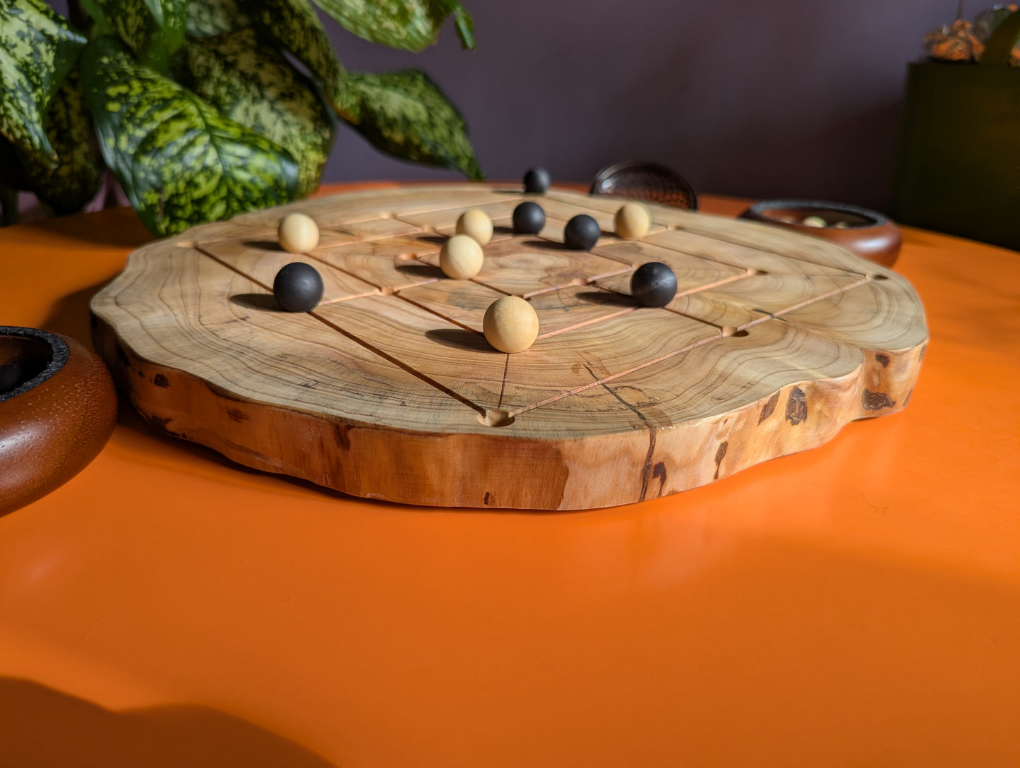 Handmade Twelve/Nine men's Morris game set. Circle Juniper wood board with live egde.