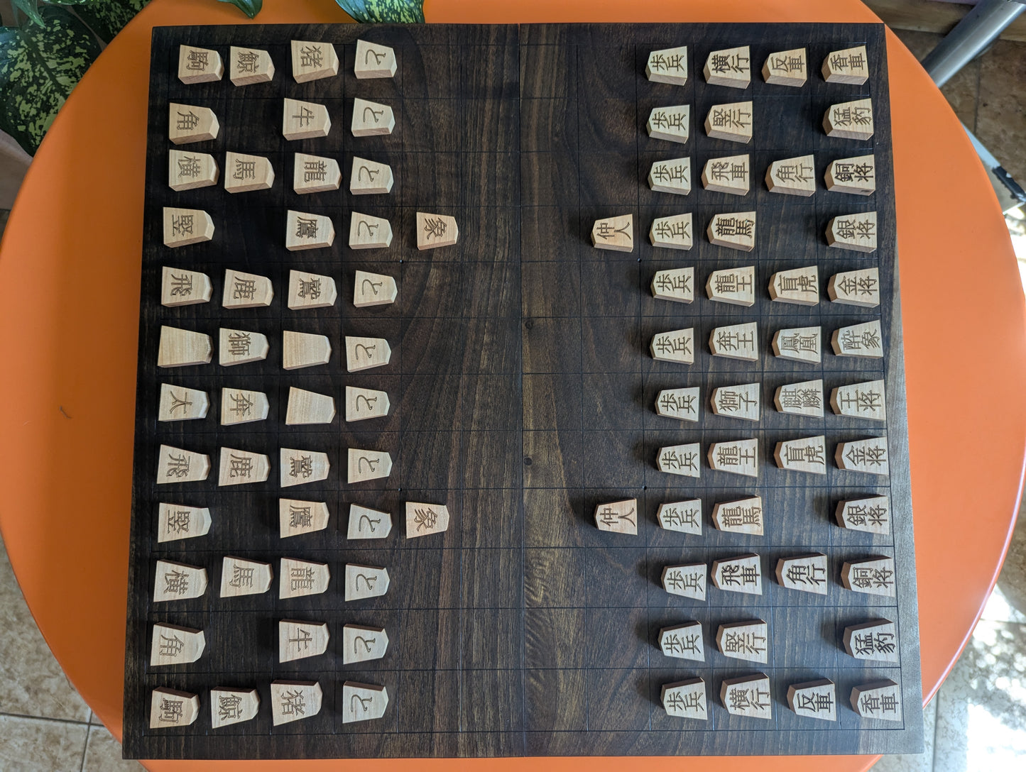 Chu Shogi game set. Foldable Handmade solid walnut Middle Shogi with thick maple pieces. Traditional Japanese games.