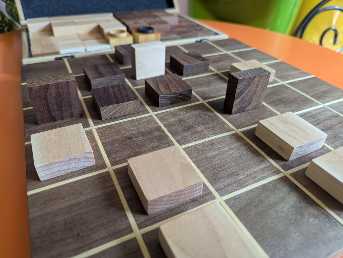 Foldable wooden Tak game set. 14" Walnut wood board