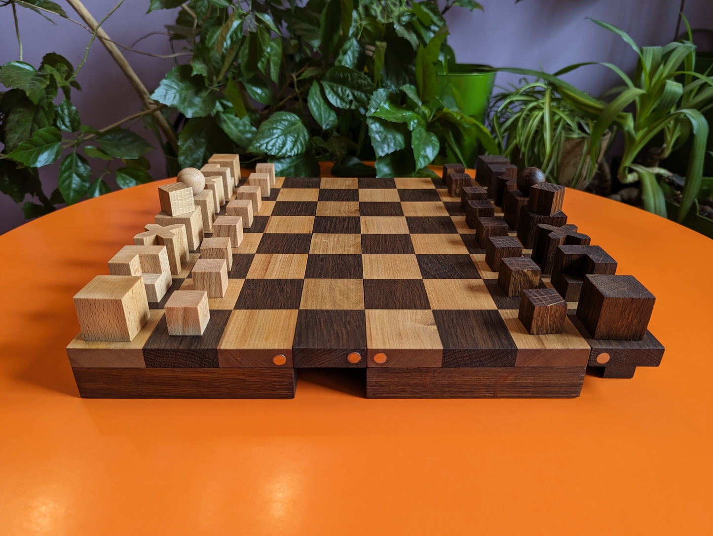 Portable Bauhaus Chess Set with Wooden Chessboard/Chessbox. Handmade.