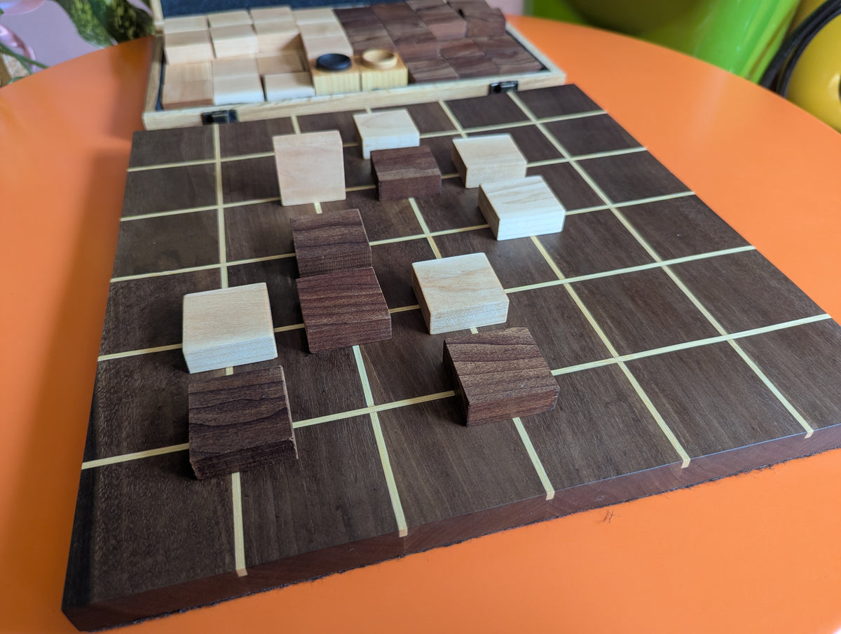 Foldable wooden Tak game set. 14" Walnut wood board
