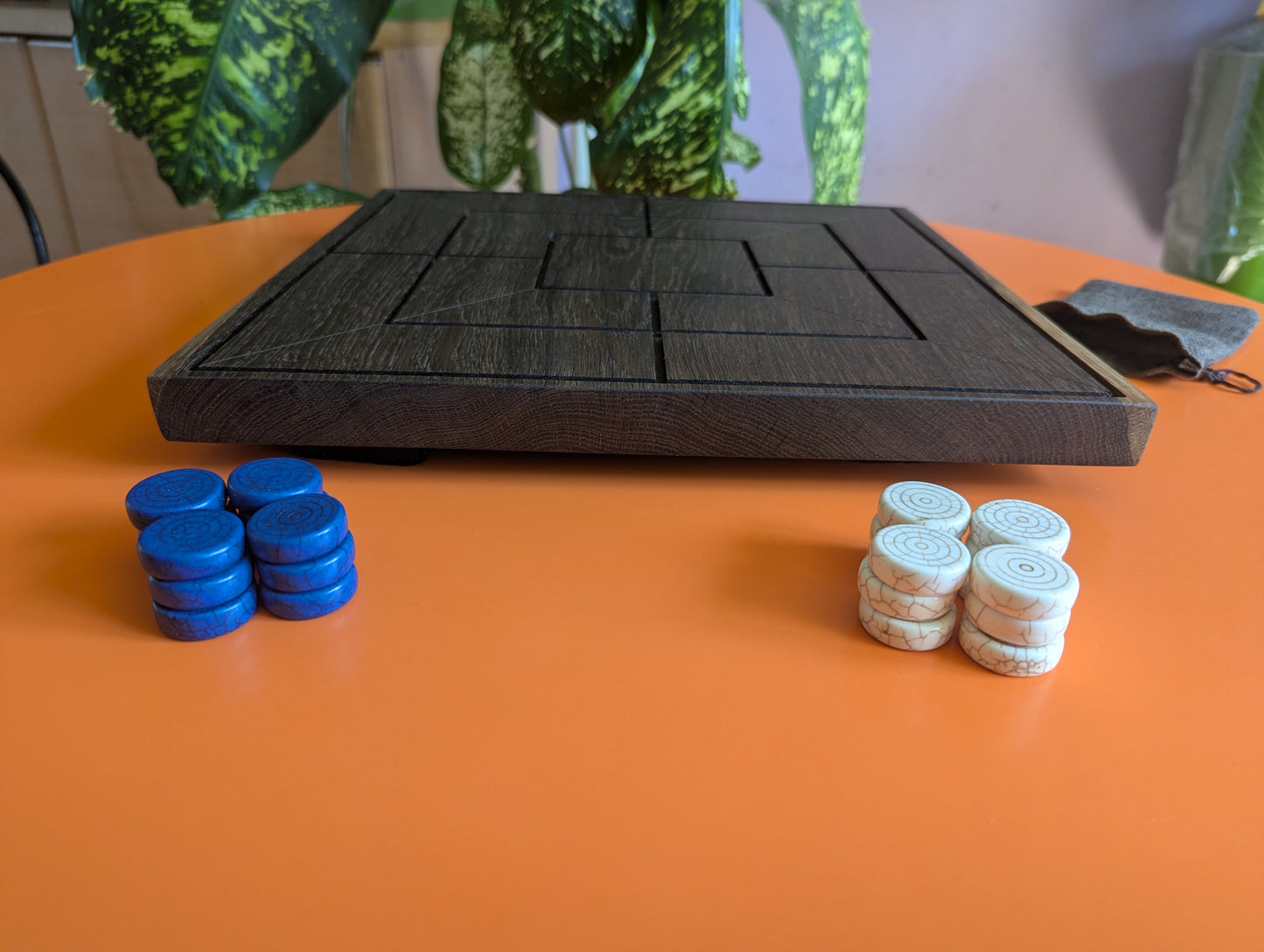 Handmade Twelve/Nine men's Morris game set. 13.5" Solid bog oak wood board