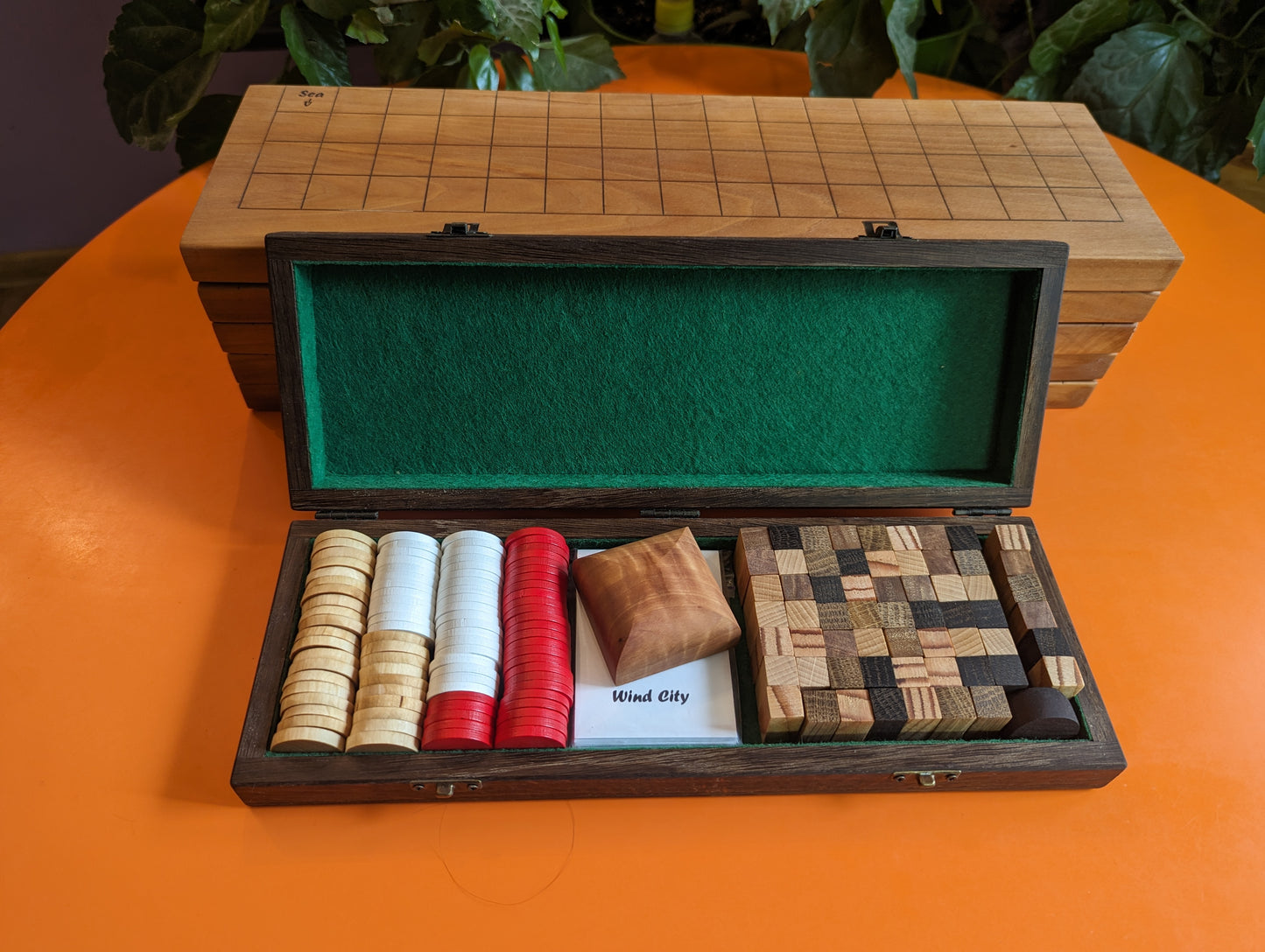 Wind City wooden game set. Foldable board-box