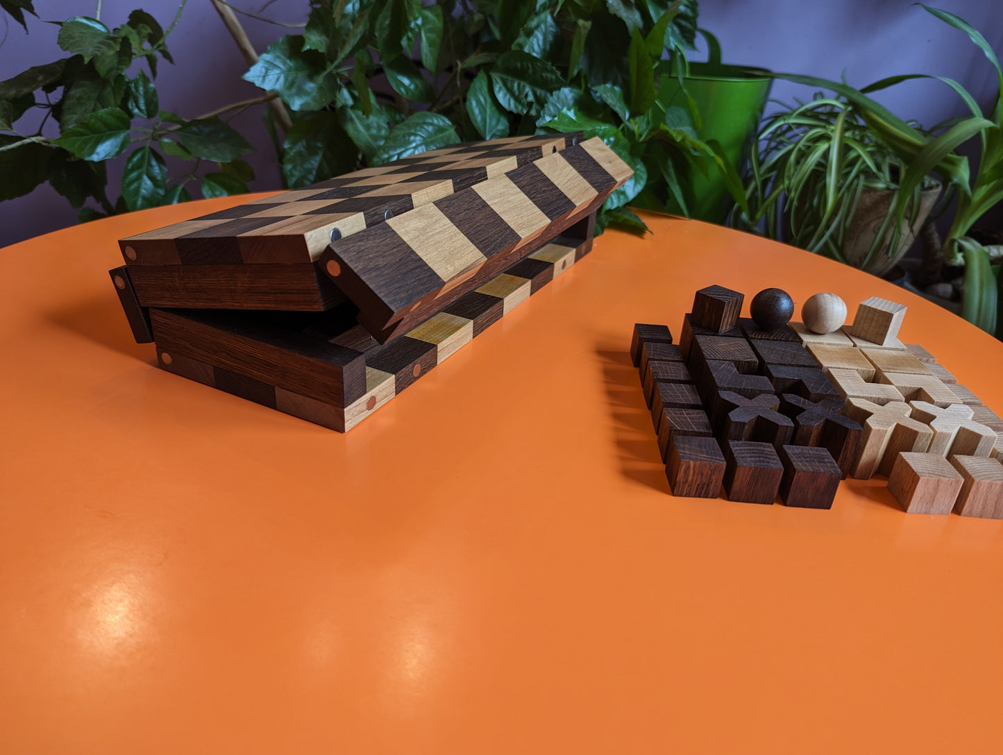Portable Bauhaus Chess Set with Wooden Chessboard/Chessbox. Handmade.