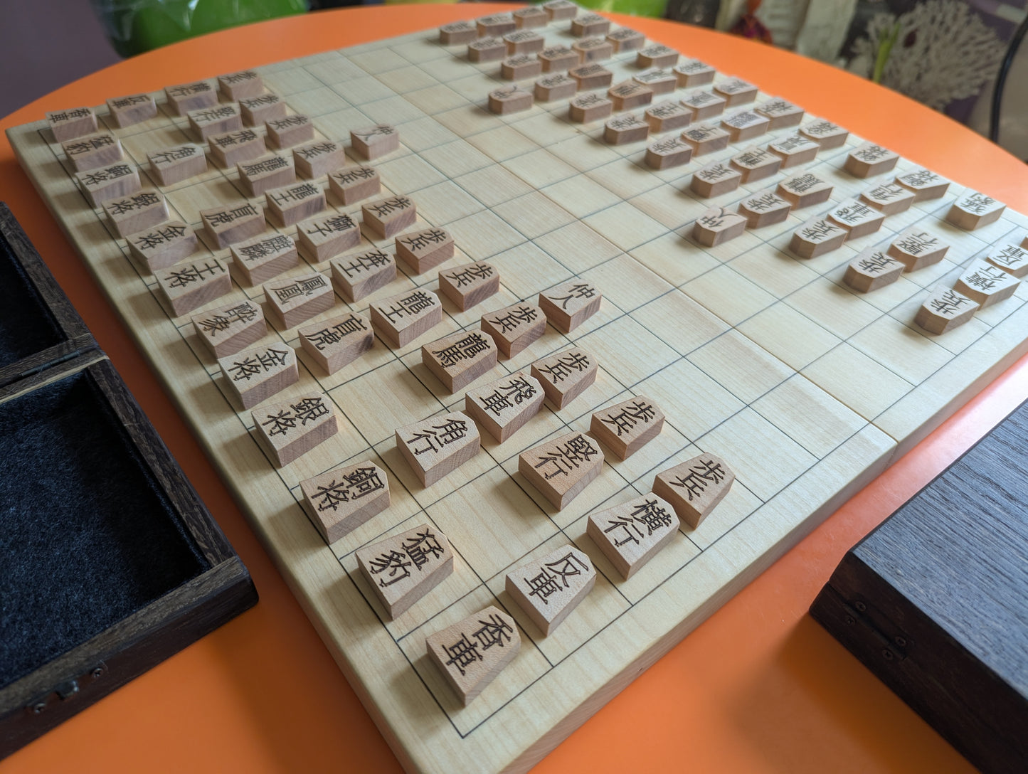 Foldable Chu Shogi game set. Handmade solid walnut Middle Shogi with thick maple pieces