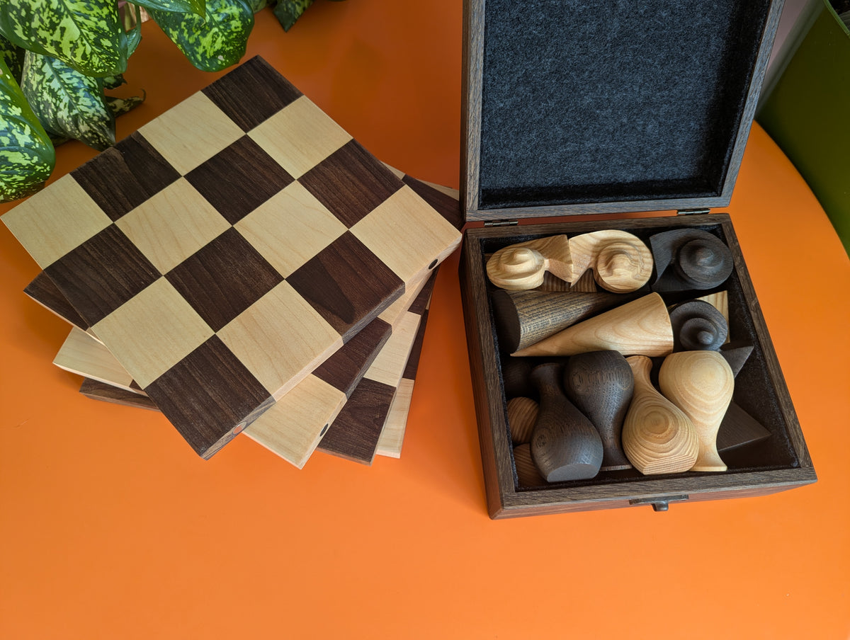 Handmade wood abstract geometric chess set