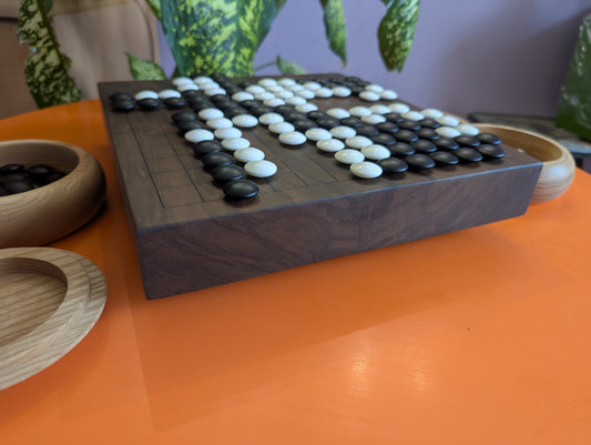 13x13 solid Walnut game Go board. Hand carved lines