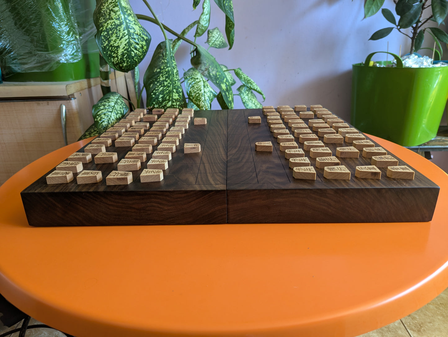 Chu Shogi game set. Foldable Handmade solid walnut Middle Shogi with thick maple pieces. Traditional Japanese games.