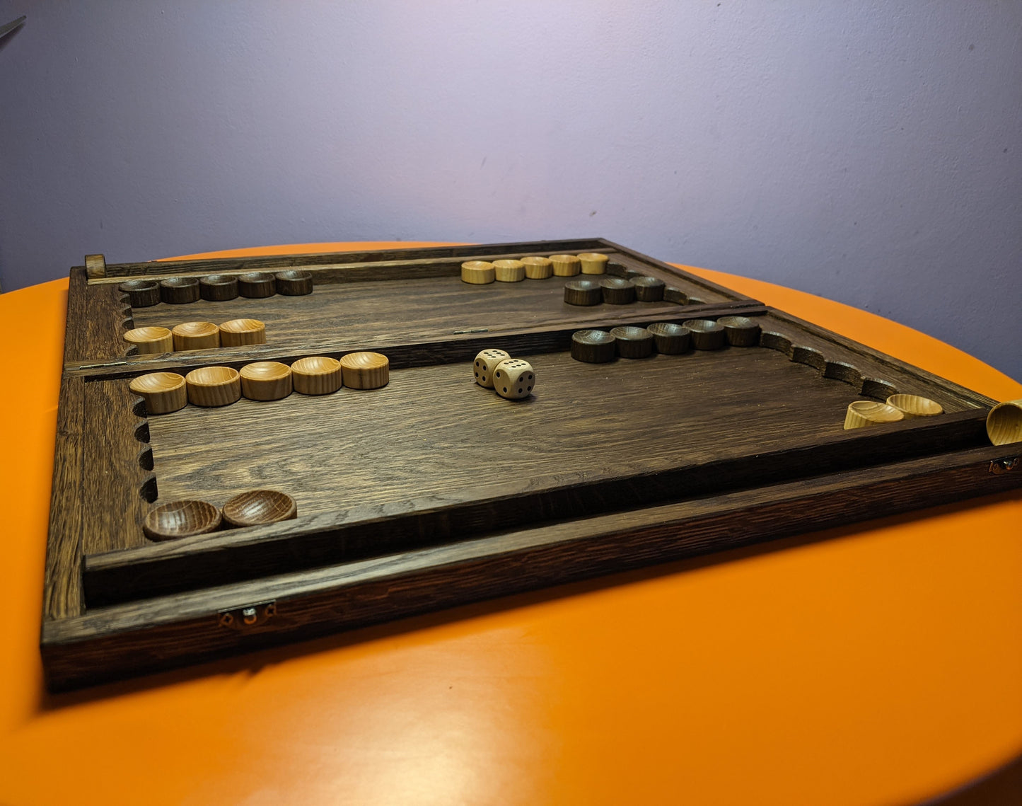 Thin 20" oak backgammon board + oak&ash wood pieces