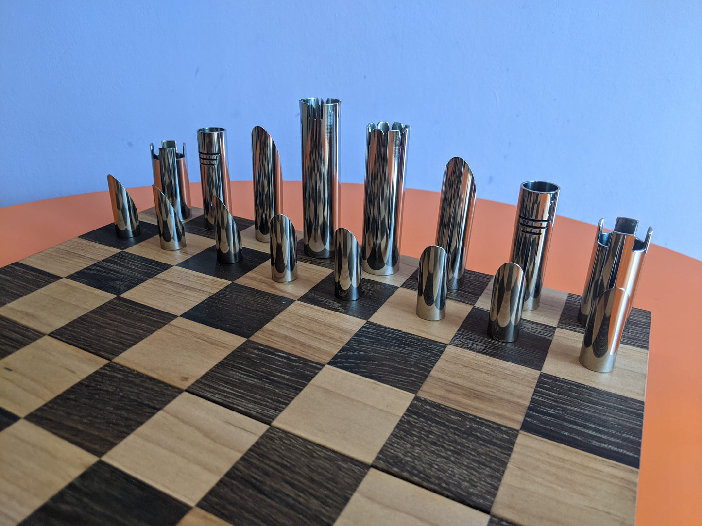 Foldable Stainless Steel Chess Set with Wooden Chessboard/box. Handmade.