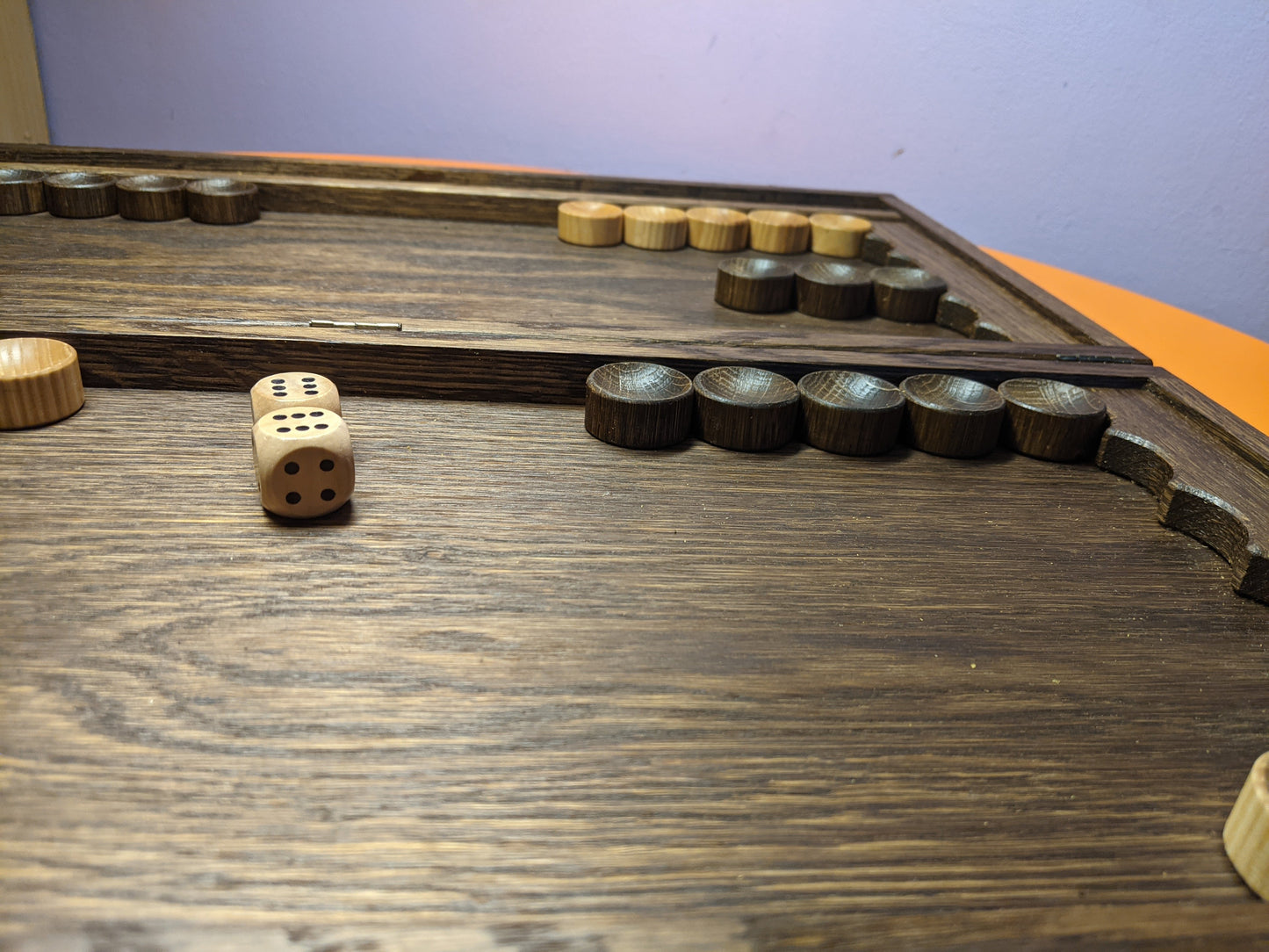 Thin 20" oak backgammon board + oak&ash wood pieces