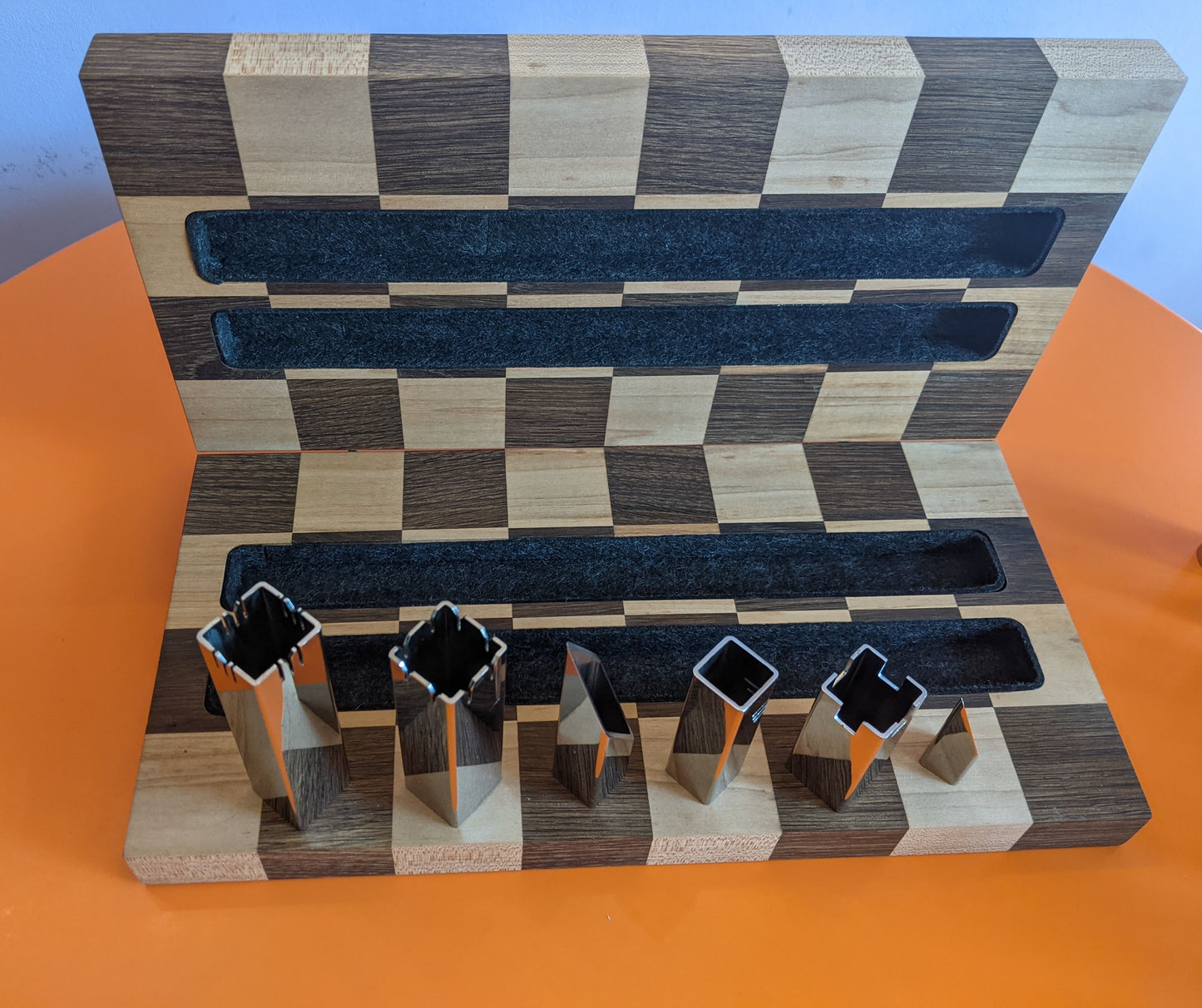 Foldable Stainless Steel Chess Set with Wooden Chessboard/box. Handmade.