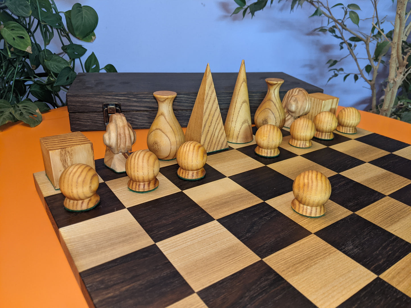 Handmade wood abstract geometric chess set