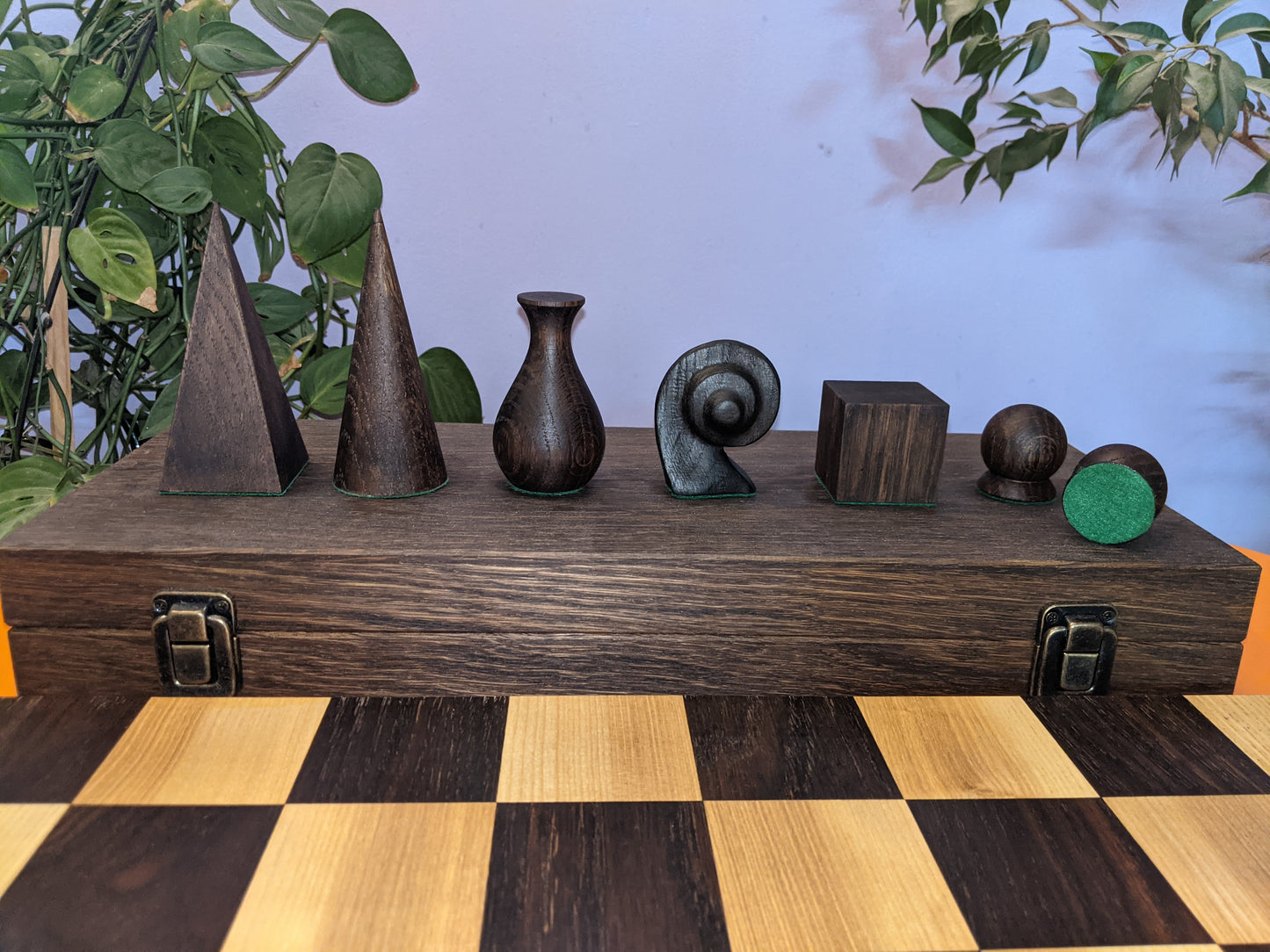 Handmade wood abstract geometric chess set