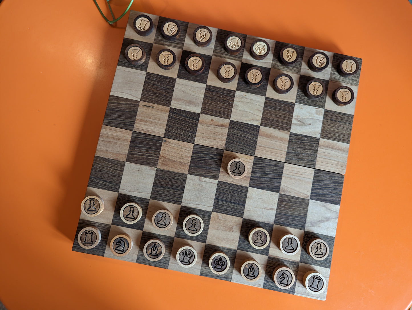 Portable checkers&chess set. Foldable wooden chessboard. Flat chess
