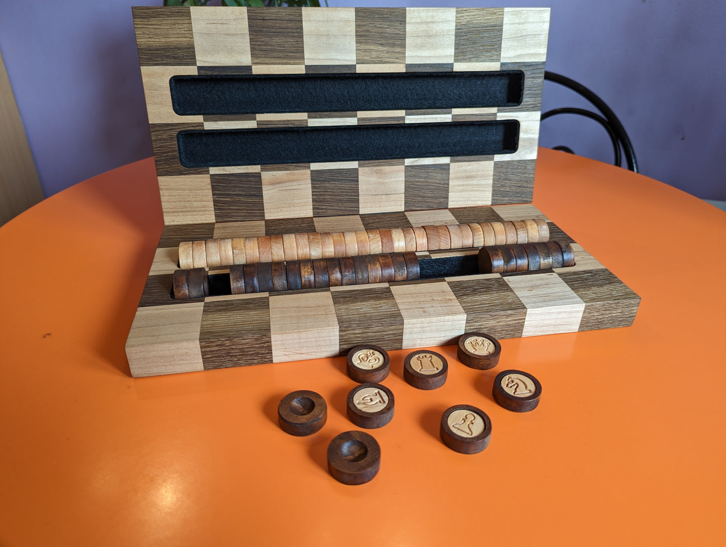 Portable checkers&chess set. Foldable wooden chessboard. Flat chess